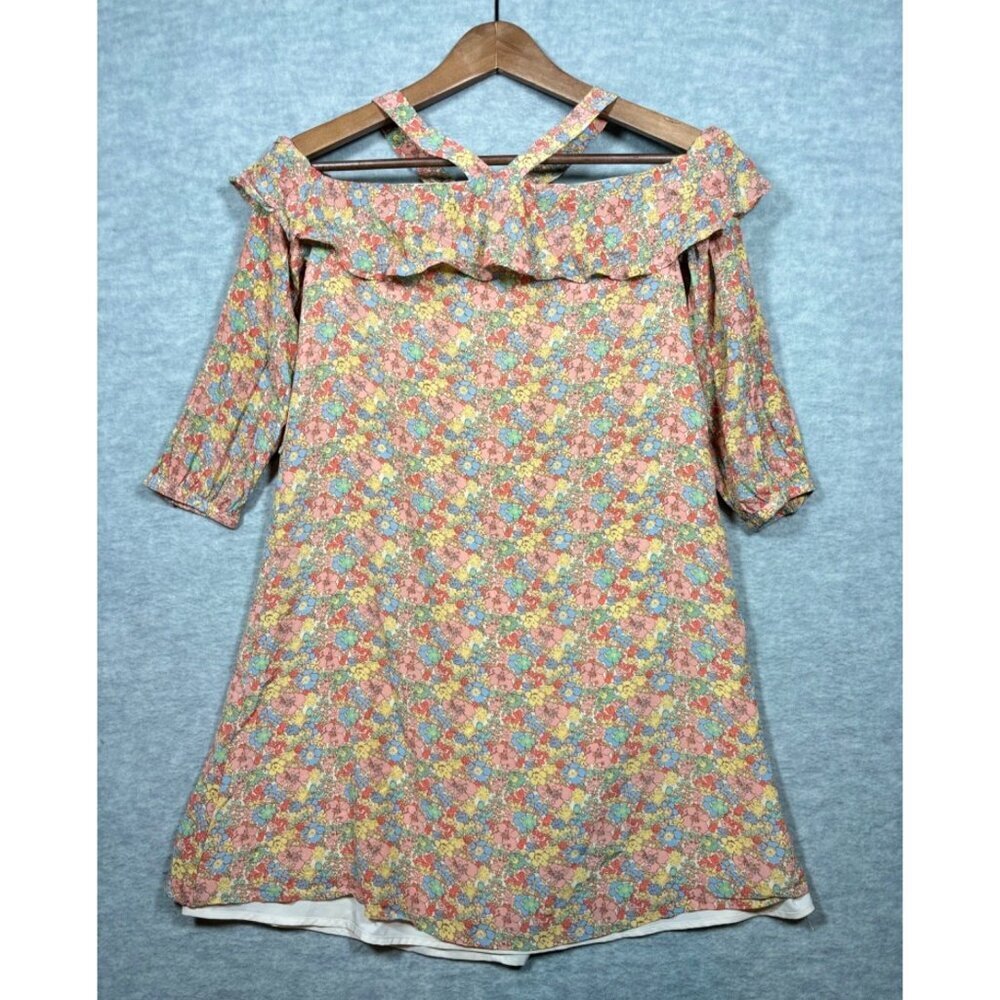 Madewell Floral Off-Shoulder Silk Dress Ruffle Cross-Back Straps Size 00 Floral